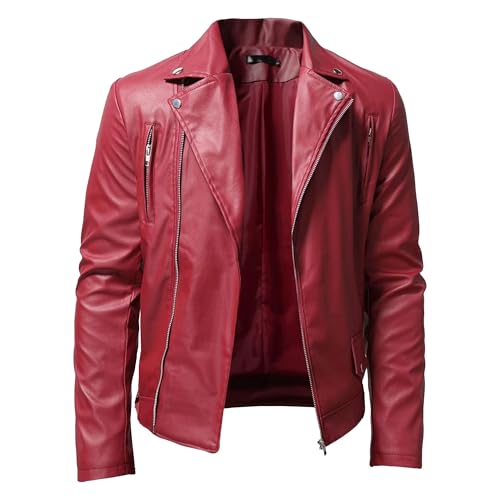 Manteau de moto décontracté rouge en similicuir taille S pour homme avec fermeture éclair