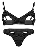 winying Herren Sissy BH und Slip Ouvert Dessous Set Sexy Unterwäsche Nippelfrei Bikini Oberteil Satin Tanga T-Back Thong Crossdresser Nachtwäsche Schwarz XL