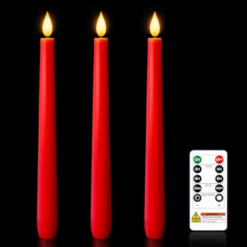 Image of Homemory 3 Pcs Waxy Red Flameless Taper Candles with Remote, Flickering Battery Operated Classic Tall Candles for Xmas, Wedding, Party, 9.6 inches