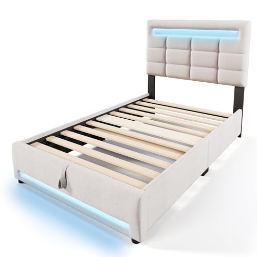 Moimhear Cama tapizada, 90 x 200 cm, mando a distancia, con luz ambiental, soporte hidráulico, sin colchón, con conexión USB, sábana bajera (beige)