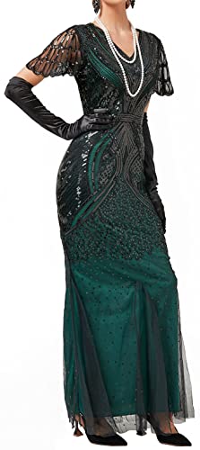 Image of Women Evening Maxi Long Dress 1920s Sequin Mermaid Hem Wedding Prom Gown Costume w / 20s Gatsby Accessories Set