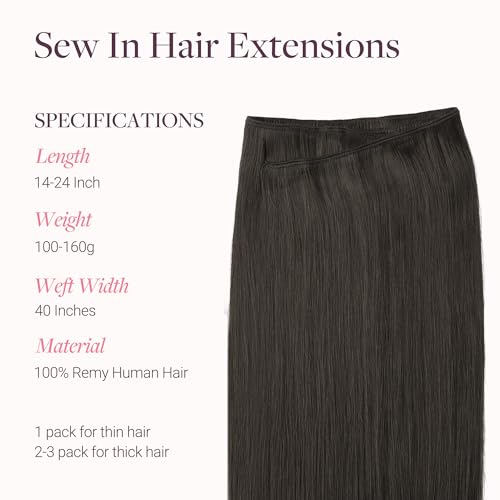 Image of GOO GOO Sew in Hair Extensions Real Human Hair, Weft Hair Extensions Human Hair, 1C Mocha Brown 14inch 100g, Weft Bundles Straight Silky Remy Hair
