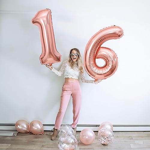 Image of 16th Birthday Number Balloons for Girls, 40 Inch Foil Self Inflating Number 16 Balloons with Rose Gold Confetti Balloons, Large 1 & 6 Balloons for Women 61st Birthday Party Anniversary Decor Supplies