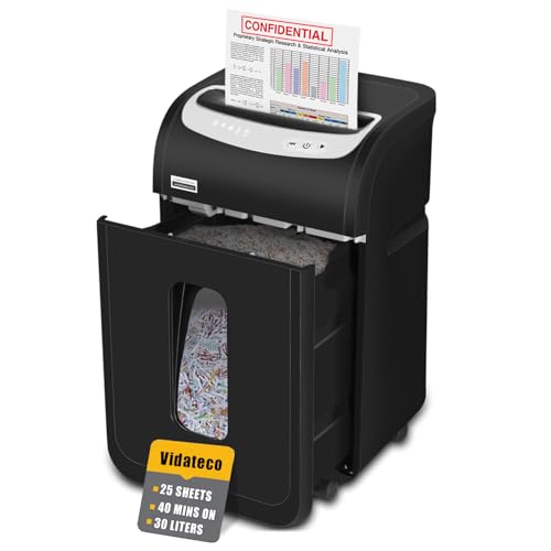 VidaTeco Cross-Cut Paper Shredder Heavy Duty, 25-Sheet 40-Mintute 58dB Quiet Credit Card Shredders for Home Office Use, Security Level P-4 Jam Proof System 30L Pullout Bin with 4 Casters