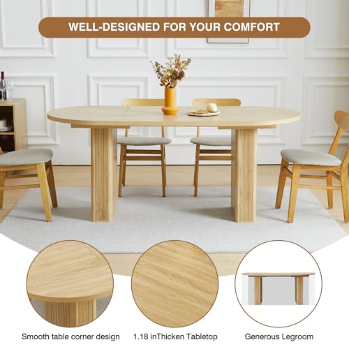 Image of 70.8 Inch Kitchen Dining Table for 4-6 People, Oval Kitchen Table with Wood Strip Base, Modern Farmhouse Large Round Dining Room Tables for Living Room (Natural)