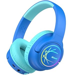 iClever Kids Bluetooth Headphones with LED Lights, 43H Playtime, Type-C Fast Charging, BTH18 Safe Volume 74/85dBA, Bluetooth5.3,Toddler Headphones Aux Cord for iPad/Tablet/Travel/School, Blue