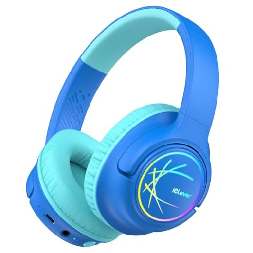 iClever Bluetooth kopfhörer Kinder mit LED-Leuchten, 74/85/94dB Lautstärkebegrenzung, 43 Stunden Spielzeit, Stereo-Sound, Typ-C, AUX-Kabel, Bluetooth5.3 Kinderkopfhörer für Tablet/Reisen, blau
