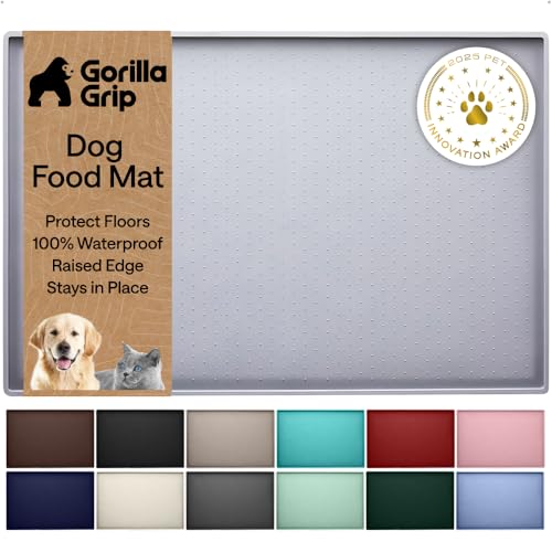 Image of GORILLA GRIP 100% Waterproof Raised Edge BPA Free Silicone Pet Feeding Mat, Dog Cat Food Mats Contain Spills Protects Floors, Placemats for Cats, Dogs Water Bowl, Pets Accessories 16x10, Light Gray
