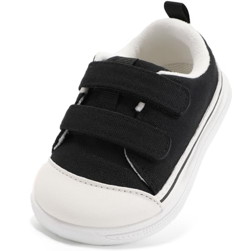 STQ Toddler Wide Toe Box Walking Shoes Boy Girl Sneakers Hook and Loops Barefoot Non-Slip Baby Shoe Black Size 7