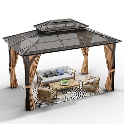 Litake 10 x 13 FT Hardtop Gazebo, Polycarbonate Double Roof Outdoor Canopy, Aluminum Frame Permanent Pavilion with Netting and Curtains, Sunshade for Backyard, Patio, Lawns, Parties (Brown)