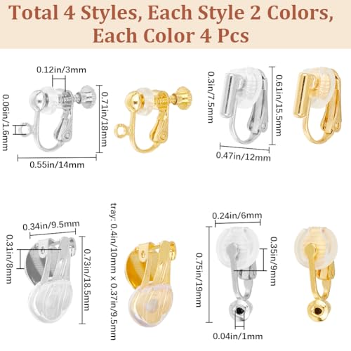 SOFPLATE 1 Box 32Pcs 8 Style Gold Earring Converter Silver Earrings Clip Back Brass Non Pierced Real 18k Gold Plated with Pad Flat Round Screw Back Clip on Earring Findings for jewellery Making Suppli - Image 2