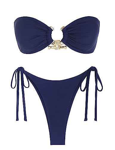 ZAFUL Bikini Sets for Women Bandeau Bikini Top Strapless Swimsuits Side Tie Thong Cheeky Beach Outfits Deep Blue S