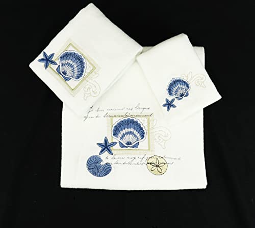 Marina Decoration Premium Luxury Decor Ultra Soft 100% Cotton Embroidered Bathroom Modern 3 Piece Towel Set, Seashell And Starfish With White Base Pattern #TOP24