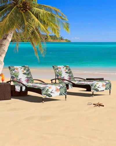 Palm Leaves Beach Chair Cover with Side Pockets, Microfiber & Quick Dry Pool Chaise Lounge Chair Towels Covers for Sun Sunbathing Patio Garden Hotel, Tropical Summer Beach Watercolor Green White