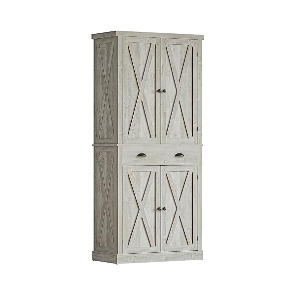 IRONCK Kitchen Pantry 72" Height,Storage Cabinet with Drawer, 4 Adjustable Shelves, Barn Doors, Freestanding Cupboard Rustic Maple