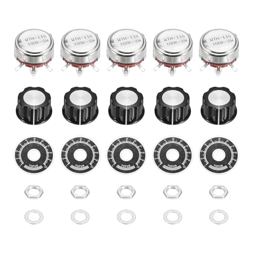 Image of sourcing map 5 Set WTH118 100K Potentiometer Kit, Single Turn Rotary Carbon Variable Potentiometers with Knobs Nuts Washers Dials for DIY Electronics Audio Equipment