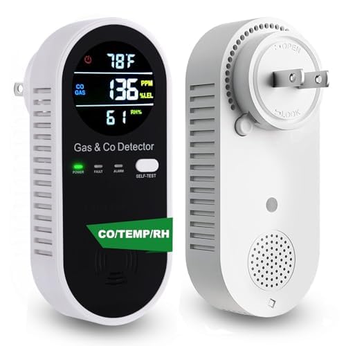 Combustible Gas & Carbon Monoxide Detector 4-in-1 Alarm with Temp/Humidity Sensor – Plug-in CO/Gas...