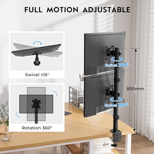 BONTEC Dual-Monitor Halterung für 13-34 Zoll, Höhenverstellbar, Drehbar, Max. 10kg pro Monitor, VESA Kompatibel, Kabelmanagement, C-Klemme & Durchgangsmontage, Ergonomisch für Homeoffice & Gaming