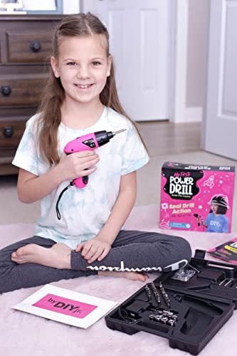 DIY jr. My First Power Drill - 60-Piece Working Tool Set for Girls - Rechargeable Cordless Pink Drill with LED Light - Learning, Building & Construction Kit for Kids - With Carrying Case, Charger