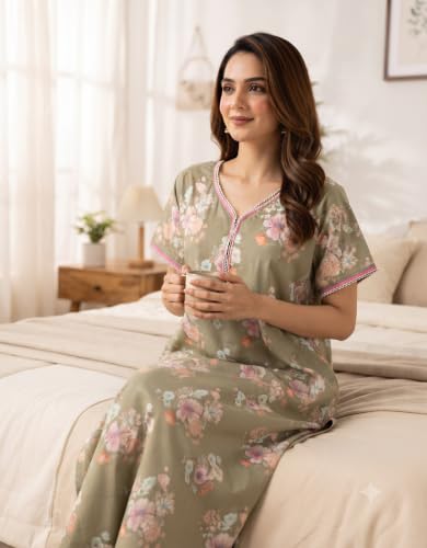 Image of Nighty| Nighty for Women Stylish| Night Gown for Women Stylish| Flowy A-Line Silhouette| Delicate Picot & Thread Work| Lightweight & Breathable Lizzy Bizzy Fabric| Digital Print|