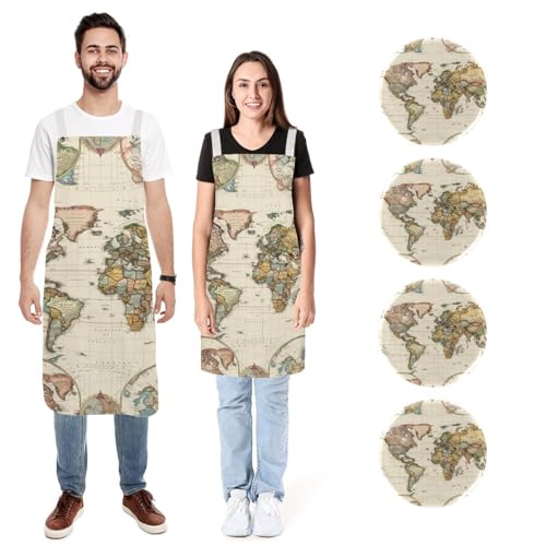 Tablier de cuisine en lin à poches réglable pour éviter les taches avec style carte du monde