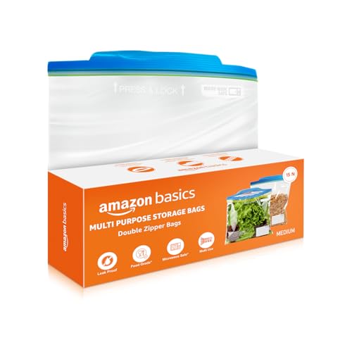 Image of Amazon Basics - Multipurpose Zip Lock Storage Bags | 15 Bags | Medium | 26 x 28 cm | Reusable and Reclosable with Double Zipper | Material Plastic | Leak- Proof | Food Grade | Microwave Safe