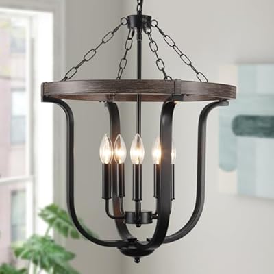 CWarmozy Farmhouse 5-Light Cage Chandelier 18.89" Black Metal and Wood Texture Rustic Chandelier for Dining Room Adjustable Pendant Light Fixture for Kitchen Island Entryway Foyer Bedroom Hallway