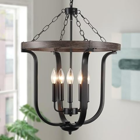 CWarmozy Farmhouse 5-Light Cage Chandelier 18.89" Black Metal and Wood Texture Rustic Chandelier for Dining Room Adjustable Pendant Light Fixture for Kitchen Island Entryway Foyer Bedroom Hallway Cover