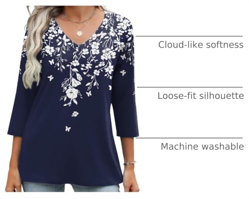 Image of Zeagoo 3 /4 Length Sleeve Womens Tops Casual V Neck Shirts Soft Basic Tees Business Work Blouses
