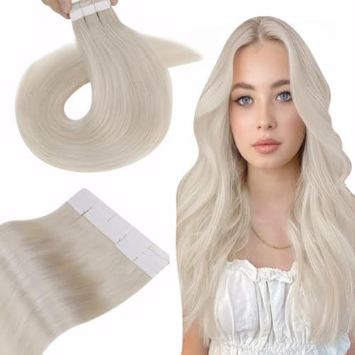 Hetto Tape in Hair Extensions Human Hair Platinum Blonde 20 Inch, Invisible Tape in Human Hair Extensions