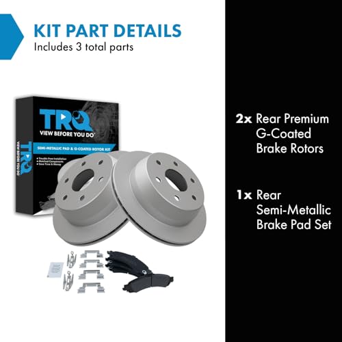 Image of TRQ Rear Brake Pad and Rotor Set Semi Metallic Coated Rotors Compatible with 2000-2001 Chevrolet Suburban 1500 GMC Yukon XL 1500 2003 Sierra 1500
