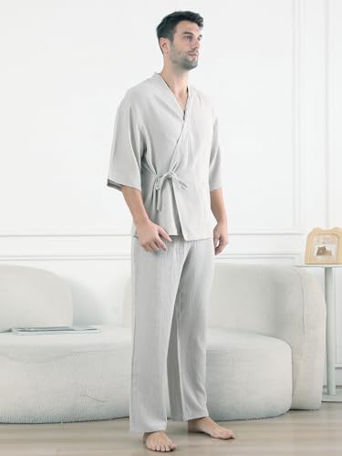 Mens Pajama Sets Kimono 2 Piece PJ Set Stylish Cotton Bathrobe Pajamas Casual Clothes Sleepwear with Pants for Lounge4