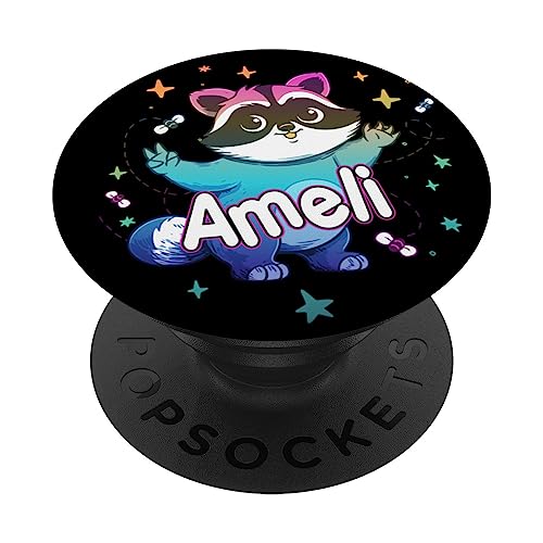 AMELI - Adorable girl name with a cool Raccoon PopSockets Swappable PopGrip, Black