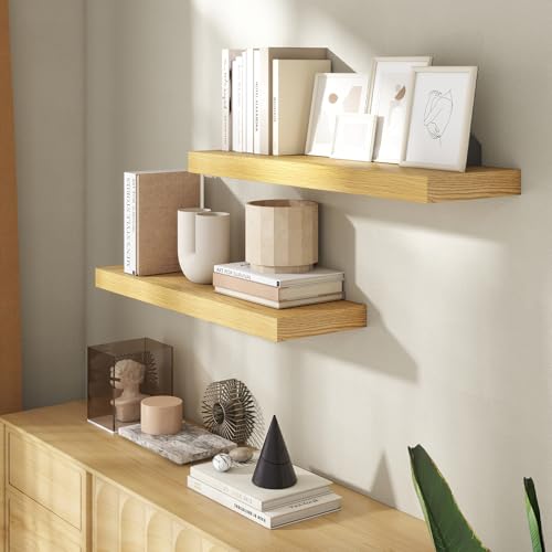 Image of 30 Inch Floating Shelves for Wall, 8 Inch Deep Floating Shelf for Storage & Display, Rustic Wall Mounted Shelf with Invisible Brackets for Living Room, Kitchen, Bathroom, Home Decor, Set of 2, Oak