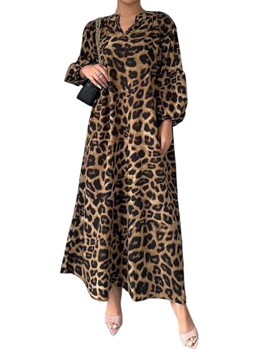 SweatyRocks Leo Kleid Damen Herbst Maxikleid Langarm Leoparden Tunika Kleid Damenkleider Elegant Winterkleider Langes Herbstkleid Leoparden XL
