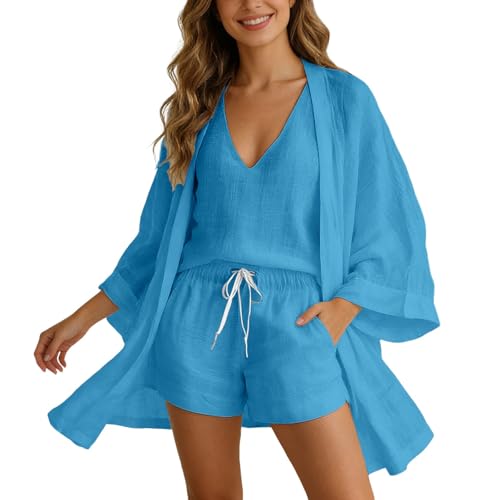 Ensemble 3 pièces d'été fluide et léger avec short à cordon et gilet blanc pour femme