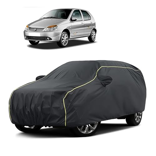 Image of Sulfar 100% Water Resistant Car Body Cover Compatible with Mirror for Tata Indica V2 (Triple Stitched, Full Bottom Elastic, Dark Grey Taffeta with Yellow Piping)