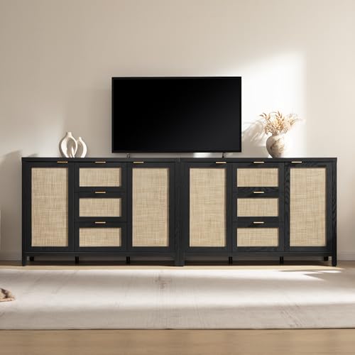 Image of SICOTAS Sideboard Buffet Cabinet with 3 Drawers, Rattan Storage Cabinet | 52 Inch Larger Farmhouse Boho Credenza Coffee Bar Cabinet with Storage, Console Table for Living Room, Kitchen, 2 Pieces