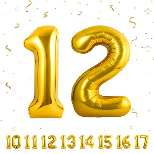 Globos de 12 cumpleaños,Dorado 12 pulgadas Globo número, 12 decoraciones de Globo número cumpleaños para hombre y mujer, Globo inflable de lámina de Dorado 12