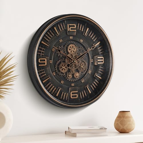 Maxstar Horloge Murale Vintage à Engrenages Mobiles, 20'' Décor Métal Industriel Steampunk pour Salon, Bureau, Cheminée, Ferme (Chiffres Arabes-Bronze)