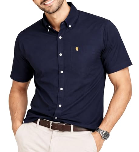 Image of Mens Short Sleeve Oxford Shirt Plain or Stripe,Classic Fit,Button Down Collar & Pocket. Holiday Apparel Leisure Shirts. By Janeo British Apparel. Navy Plain, 2XL