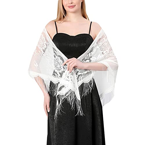 JK Home 184.5x74cm Echarpe Triangle en Dentelle Foulard Floral Châle Femme Chic Mariage Blanc