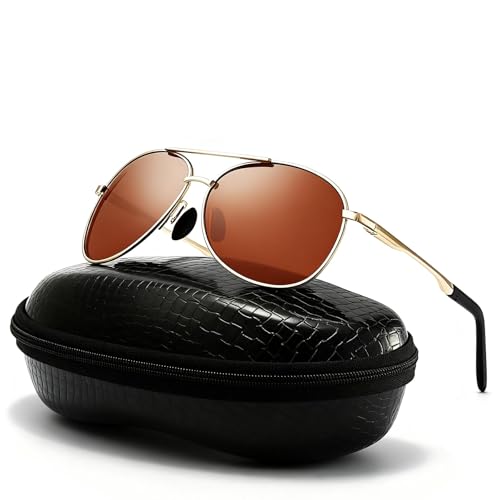 DXRPO Gafas de Sol Hombre Mujer Polarizadas Aviador, UV400 en Aleación Al Mg Premium, Marco Metálico Vintage Outdoor, Marrón/Dorado