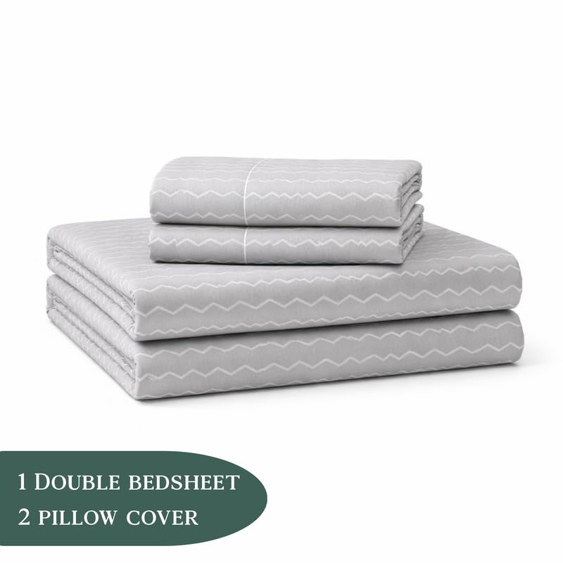 Image of THEA Elastic Fitted Double Bedsheet Set| 100% Cotton Like Soft Fabric | Double Bedsheet for Double Bed (72 X 78 x 6 inches) with 2 Pillow covers,Silver Ripple