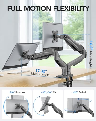 Image of HUANUO Dual Monitor Stand - Full Adjustable Monitor Desk Mount Swivel Vesa Bracket with C Clamp, Grommet Mounting Base for 13 to 32 Inch Computer Screens - Each Arm Holds 4.4 to 19.8lbs -Grey