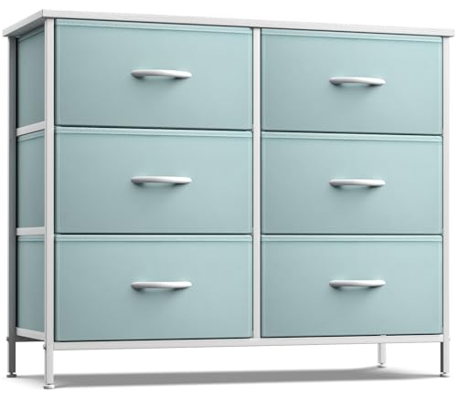 Sorbus Dresser with 6 Drawers - Furniture Storage Tower Unit for Bedroom, Hallway, Closet, Office Organization - Steel Frame, Wood Top, Easy Pull Fabric Bins (6-Drawer, Pastel Aqua)