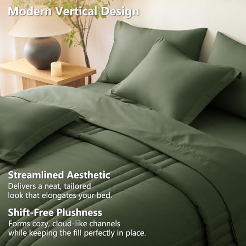 Image of CozyLux King Size Comforter Set Olive Green - 7 Pieces Bed in a Bag, Modern Vertical Quilted Room Decor, Soft All-Season Bedding Gift with Comforter, Sheets, Pillowcases & Shams
