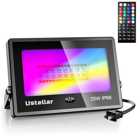 USTELLAR 25W RGB LED Color Changing Flood Lights 250W Equiv. Outdoor Colored Floodlight Warm White 2700K Remote IP66 Waterproof Spot Light Outside for Halloween Party Landscape Stage 1 Pack Cover