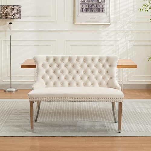 Image of 45.6''Velvet Dining Bench, Button Tufted Upholstered Dining Table Bench with Wing Highback, Nailhead Decoration, Small Loveseat Sofa with Silver Stainless Steel Legs, Mid Century Modern Seating, Beige