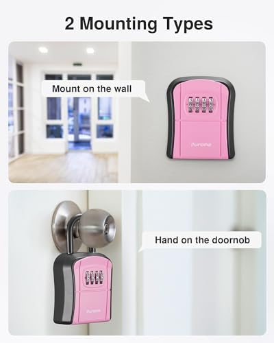 Puroma Key Lock Box, Portable Combination Lockbox Wall-Mounted Key Storage Box for House Keys, Resettable Code Safe Security Lock Box for Home, Office, Apartment Spare Key Storage (1 Pack, Pink)